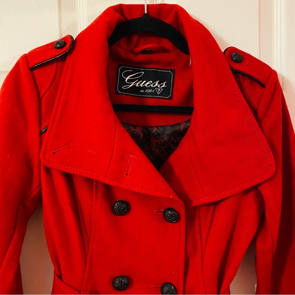 Nwt NEW Guess Red Wool Coat XS Button up winter pea tie belted peacoat jacket - Picture 4 of 15